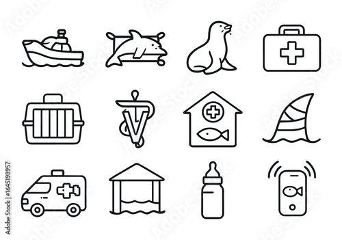 Marine Rescue Icons. Outline icon set of marine wildlife rescue: rescue boat, dolphin stretcher, sea lion,
