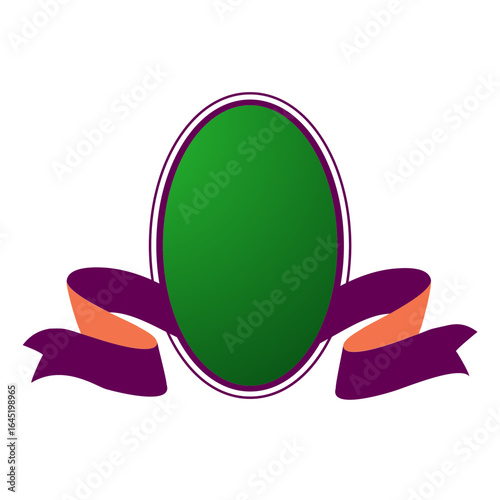 Blank green oval badge with a purple and orange ribbon banner. Isolated vector graphic design element for custom branding, logos, and promotions.