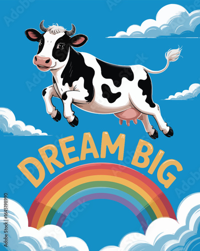 Flying Cow Soaring Through Sky with Rainbow and Clouds