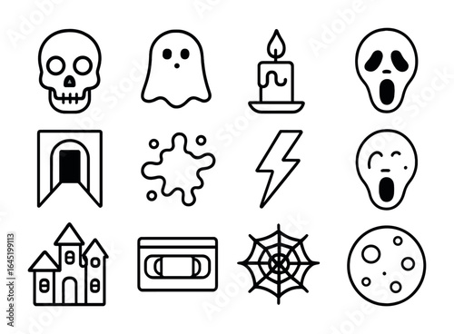 Horror Movie Icon Set. Outline icon set of horror movie binge: skull icon, ghost symbol, flickering candle,