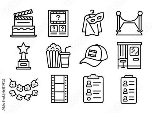 Movie Party Icons. Outline icon set of movie-themed party: clapperboard cake, movie trivia, costume icon, red