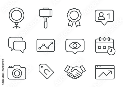 Influencer Tool Icons. Outline icon set of influencer tools: ring light, selfie stick, sponsored badge,