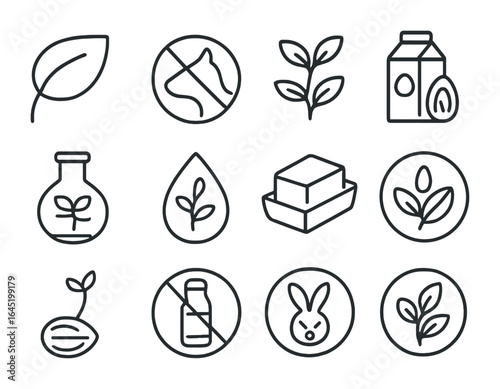 Plant-Based Icon Set. Outline icon set of plant-based label trends: vegan leaf, no animal icon, soy-based