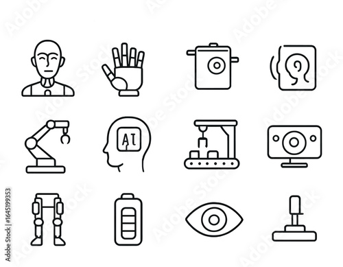 Robotics Icon Grid. Outline icon set of advanced robotics: humanoid robot, robotic hand, servo motor, motion