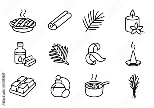 Autumn Scent Icons. Outline icon set of homey autumn scents: apple pie aroma, cinnamon stick, pine, vanilla