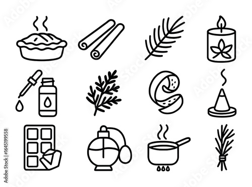 Autumn Scent Icons. Outline icon set of homey autumn scents: apple pie aroma, cinnamon stick, pine, vanilla