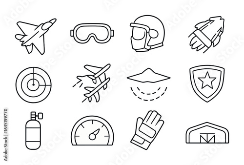 Military Aircraft Icons. Outline icon set of military aircraft and pilots: fighter jet, pilot goggles,