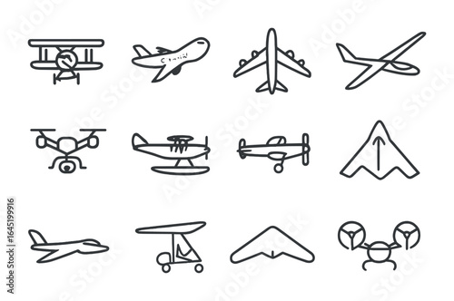 Aircraft Icon Set. Outline icon set of types of aircraft: biplane, jetliner, cargo plane, glider, drone,