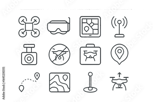 Drone Icon Set. Outline icon set of drone piloting and UAVs: quadcopter, FPV goggles, control tablet, signal