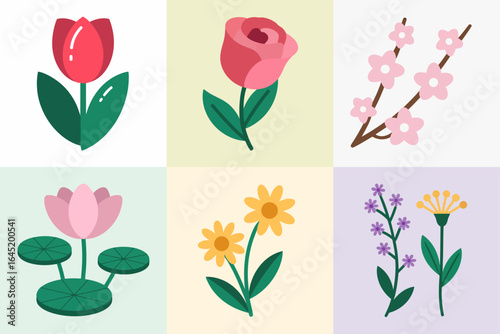 Bloom grid icons, tulip rose cherry blossom lotus chamomile lavender, floral tiles, gentle vector style