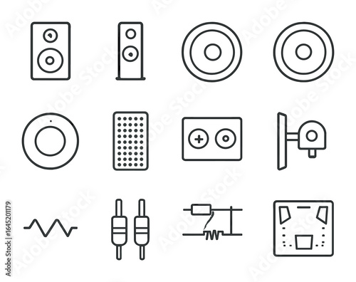 Sound System Icons. Outline icon set of sound system components: center speaker, rear speaker, tweeter, woofer