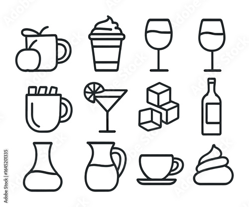 Festive Beverage Icons. Outline icon set of festive drinks and beverages: apple cider, pumpkin spice latte,