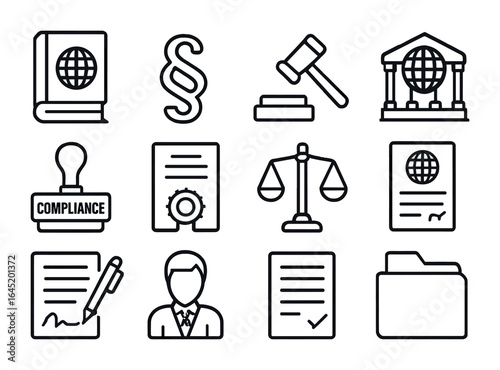 International Trade Law Icons. Outline icon set of international trade law: legal book, paragraph sign, judge