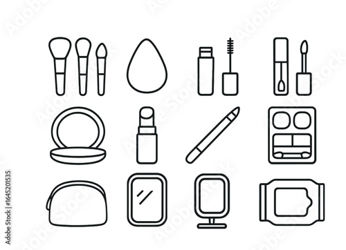 Makeup Kit Icons. Outline icon set of makeup beginner kit: basic brushes, sponge, mascara, lip gloss, blush,