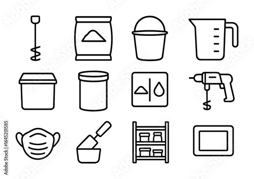 Plaster Tool Icons. Outline icon set of plaster mixing and storage: mixing paddle, plaster bag, water bucket,