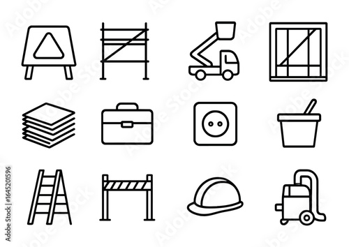 Plastering Site Icon Set. Outline icon set of plastering on site: site sign, scaffold, bucket lift, wall