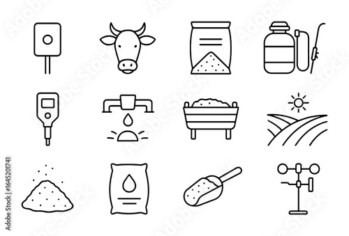 Agriculture Salt Icons. Outline icon set of salt in agriculture: salt lick, livestock icon, soil treatment bag