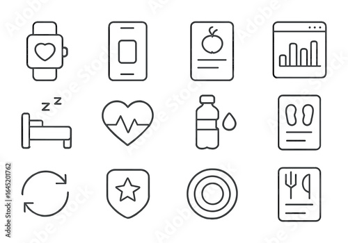 Digital Health Icons. Outline icon set of digital health tracking: smartwatch, mobile app, calorie counter,