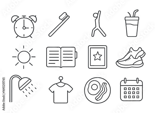 Morning Routine Icons. Outline icon set of morning routines: alarm clock, toothbrush, stretch pose, smoothie