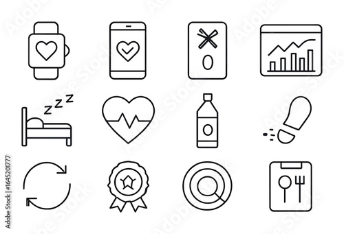 Digital Health Icons. Outline icon set of digital health tracking: smartwatch, mobile app, calorie counter,