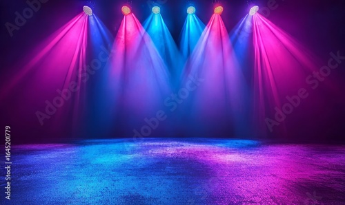 Stage lit with colored spotlights for live concerts and music festivals, capturing the excitement and energy of a live performance, Generative AI