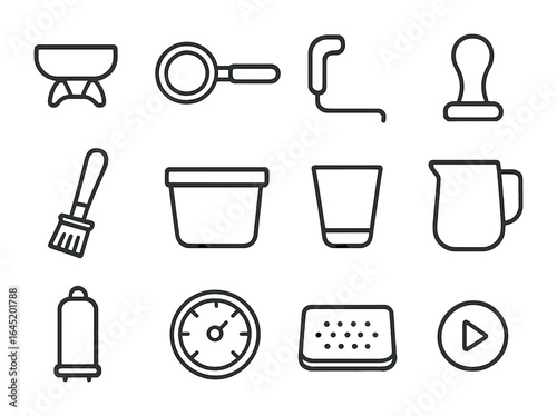 Espresso Tool Icons. Outline icon set of espresso machine tools: group head, portafilter, steam wand, tamper,