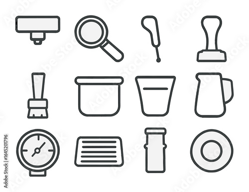 Espresso Tool Icons. Outline icon set of espresso machine tools: group head, portafilter, steam wand, tamper,