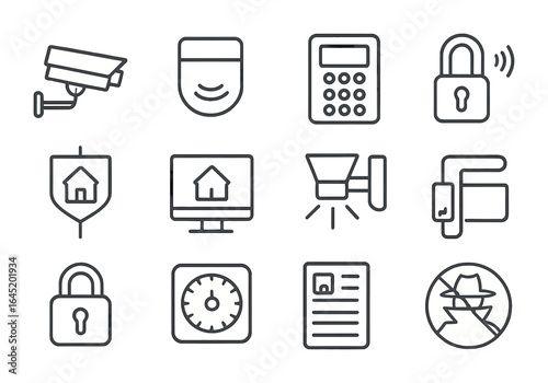 Vacant Home Security Icons. Outline icon set of security for vacant homes: surveillance camera, motion