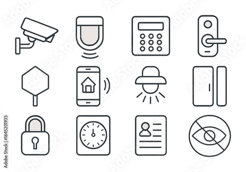 Vacant Home Security Icons. Outline icon set of security for vacant homes: surveillance camera, motion