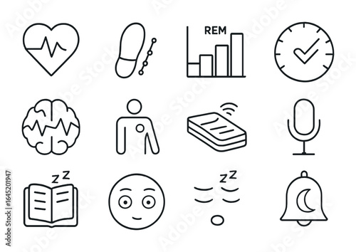 Sleep Monitoring Icons. Outline vector icons of sleep monitoring: heart rate icon, motion tracker, REM cycle