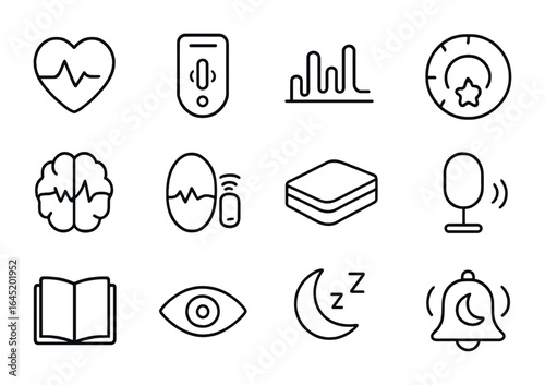 Sleep Monitoring Icons. Outline vector icons of sleep monitoring: heart rate icon, motion tracker, REM cycle