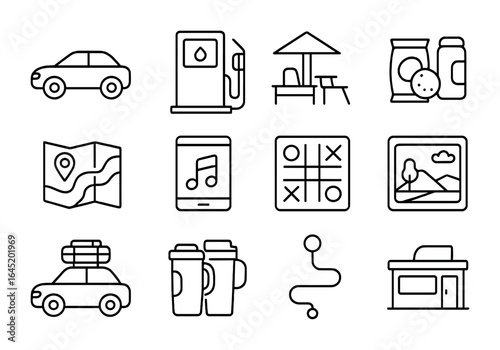 Road Trip Icons. Outline vector icons of group road trip: car, gas station, rest stop, snacks, road map,