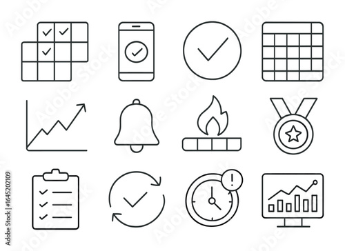 Goal Tracking Icons. Outline vector icons of goal tracking tools: habit tracker, mobile app, completion check,