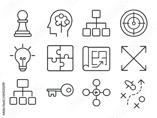 Strategic Thinking Icons. Outline vector icons of strategic thinking: chess piece, mind map, decision tree,