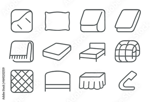 Bedding Essentials Icons. Outline vector icons of bedding essentials: duvet, pillow, fitted sheet, flat sheet,