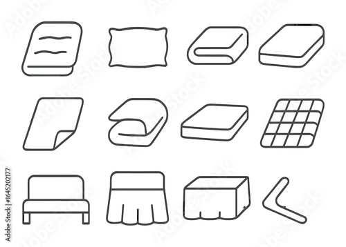Bedding Essentials Icons. Outline vector icons of bedding essentials: duvet, pillow, fitted sheet, flat sheet,