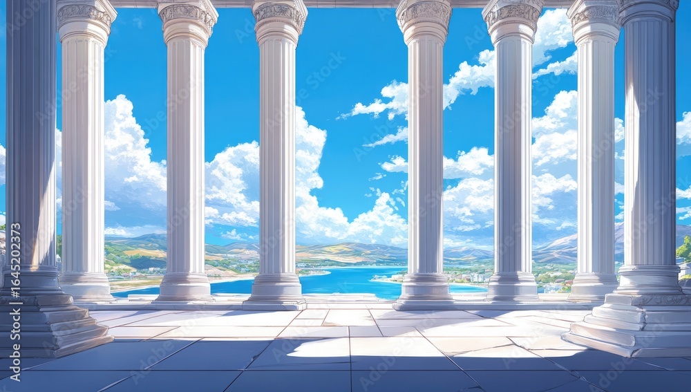 Fototapeta premium White Greek-style columns as a backdrop, with a blue sky, clouds, and a sea view in the background, in an anime style.