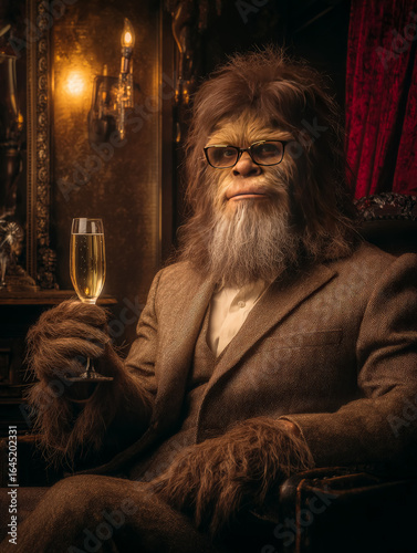 Bigfoot sasquatch creature wearing a brown mafia suit, brown red matted fur all over his body, fur on upper lip and on face as a mustache and beard