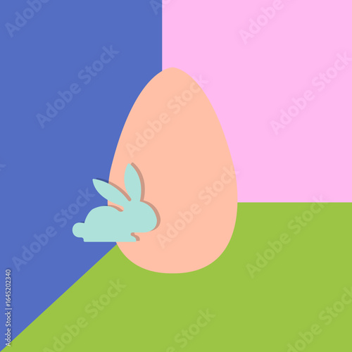 A cute light blue Easter bunny peeking from behind a large peach egg.