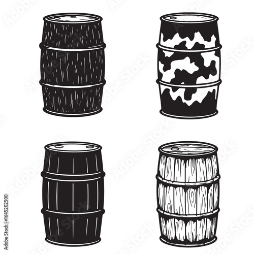 Set of four detailed vintage style barrels in black and white with different textures