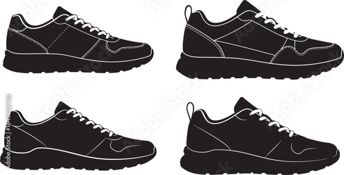 Four black athletic shoe silhouettes facing left and right