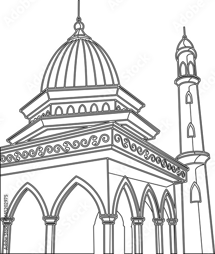 Architectural Line Drawing of a Mosque with Dome and Minaret.