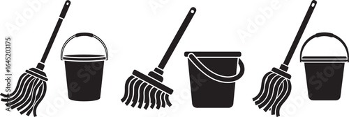 Mop and Bucket Silhouette Collection, Cleaning Tools Icons for Housekeeping, Janitorial, and Hygiene Design Projects