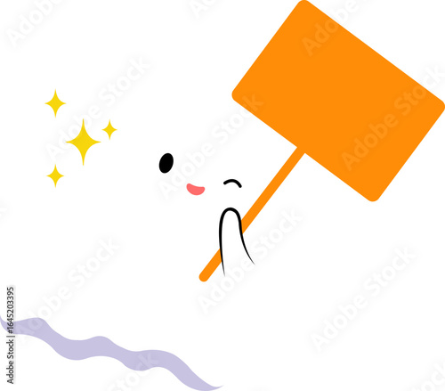 Cute cartoon ghost holding an orange sign with sparkles.