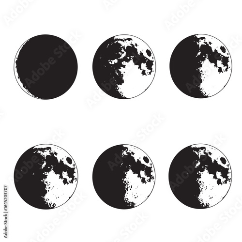 Simplified illustration of the lunar cycle showing different phases of the moon in space