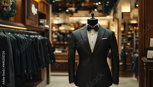 A black tuxedo on a mannequin in the background of a luxury men's store. An elegant suit for evening events and parties.