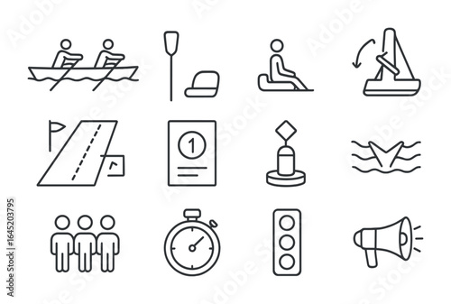 Rowing Race Icons. Outline vector icons of rowing races: rowboat, oar icon, coxswain seat, stroke rate, race