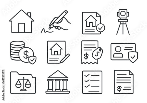 Real Estate Process Icons. Outline vector icons of buying a home legally: house icon, buyer signature, loan