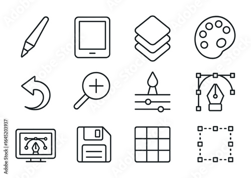 Digital Art Tools Icons. Outline vector icons of digital art classes: stylus pen, tablet screen, layer icon,