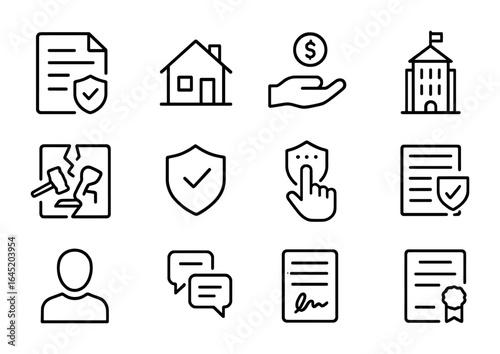 Title Insurance Icons. Outline vector icons of title insurance process: policy document, insured property,
